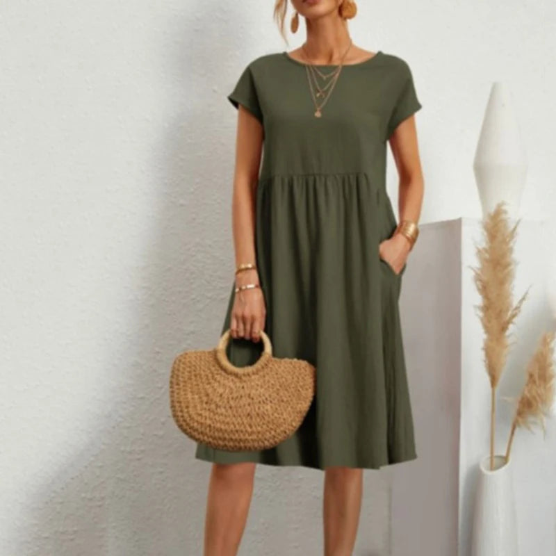 Women's Dresses 2025 Summer Fashion Casual Dresses Women Loose Mid Length Over Knee Dress New Short Sleeve Solid Dress Woman