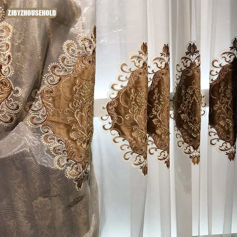 European Curtains for Living Room Dining Bedroom High Window Elegant Palace Luxury Print Velvet Curtain Carved Gold Curry Villa