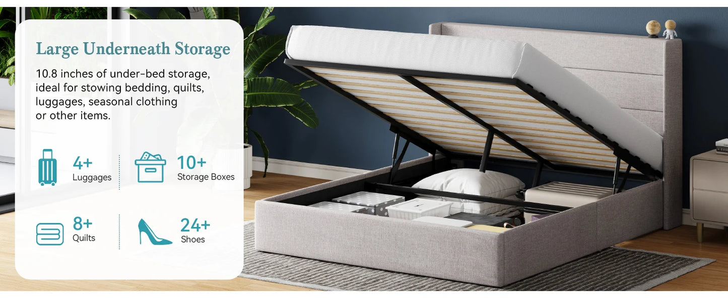 HOOMIC Lift Up Storage Bed with Wingback Headboard/Heavy-Duty Hydraulic Bed/Large Underneath Storage Allewie