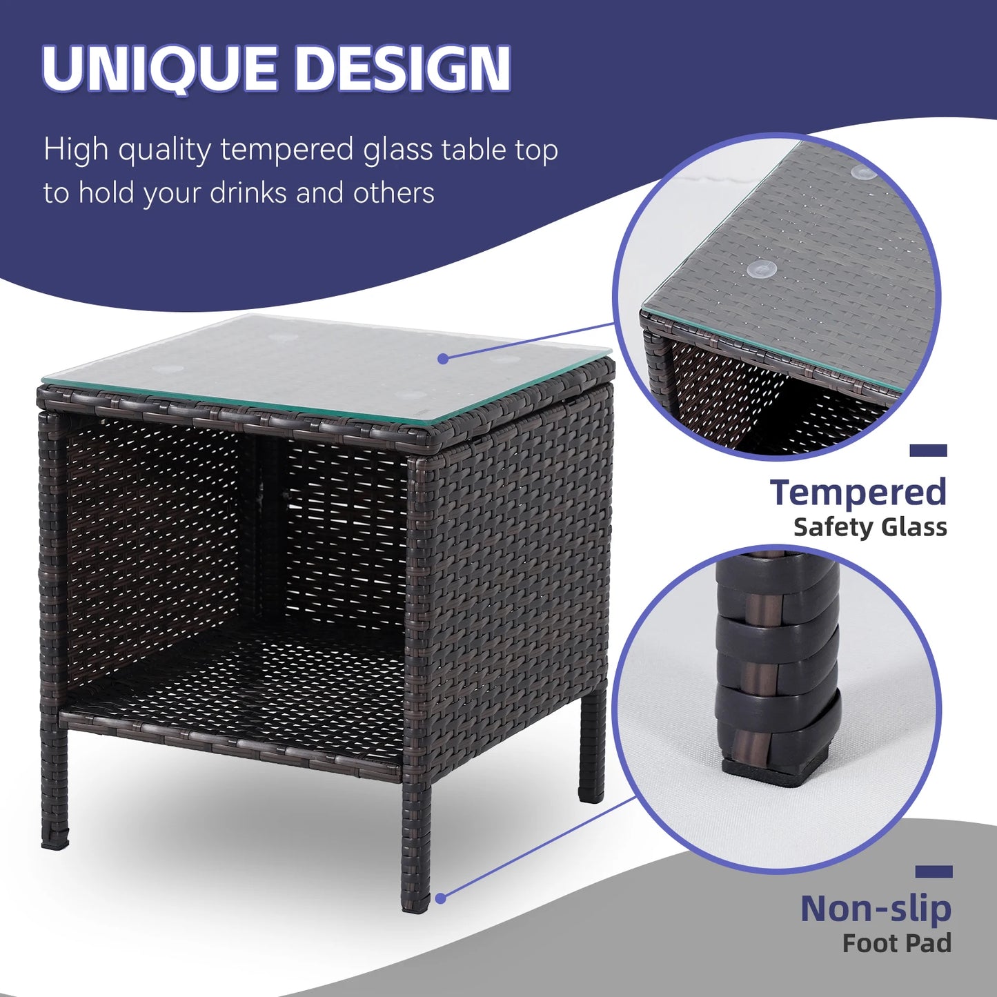 NAGA BAHNA 3-Piece Bistro Set Outdoor Patio Furniture Rattan Chairs Table Soft Cmats Tempered Glass Durable Comfortable Garden