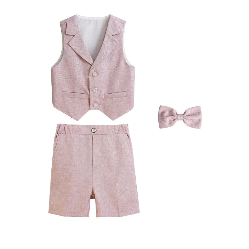 Children's Summer Blue Vest Dress Suit Boy Birthday Party Performance Photography Costume Kids Waistcoat Shorts Bowtie Outfit