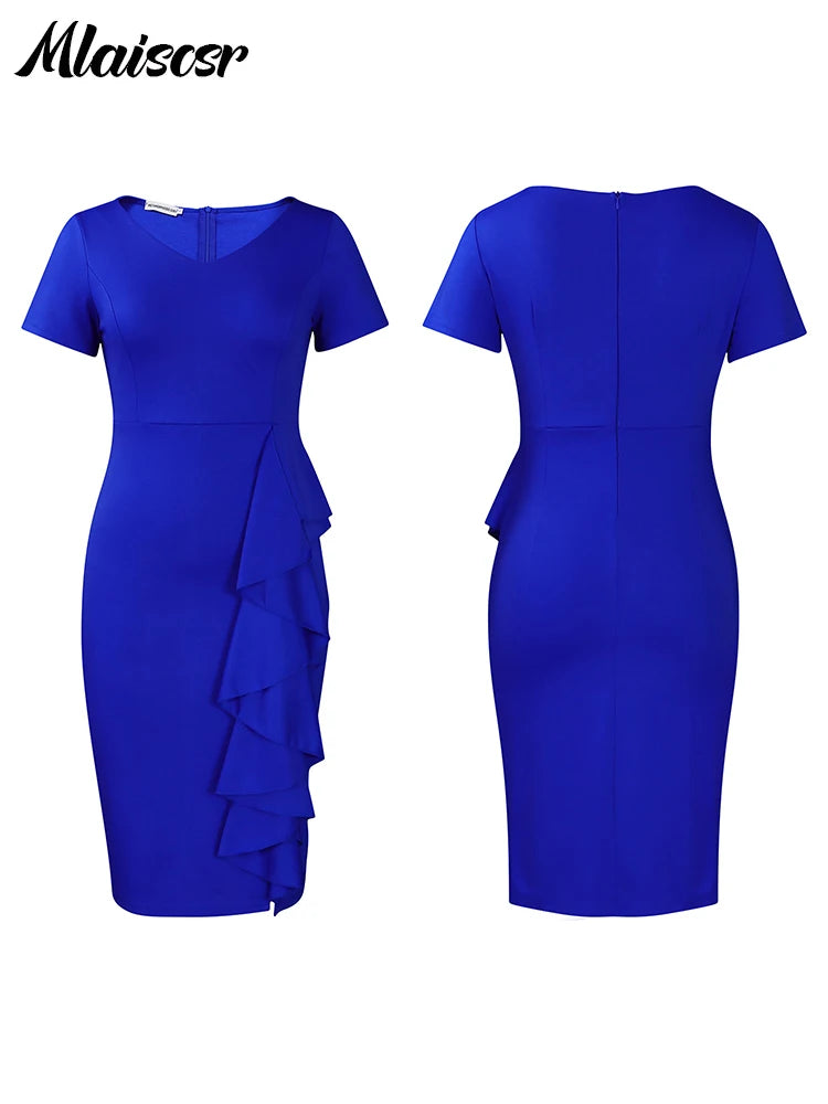 Mlaiscsr Sexy Ruffle Birthday Club Dress Women Clothing Green Short Sleeve V-neck Mid Dresses Office Lady Slim Party Vestidos