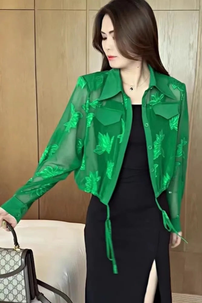 Summer Solid Color Fashion Long Sleeve Jacket Women High Street Thin Style Embroidered Button Cardigan Drawstring All-match Tops