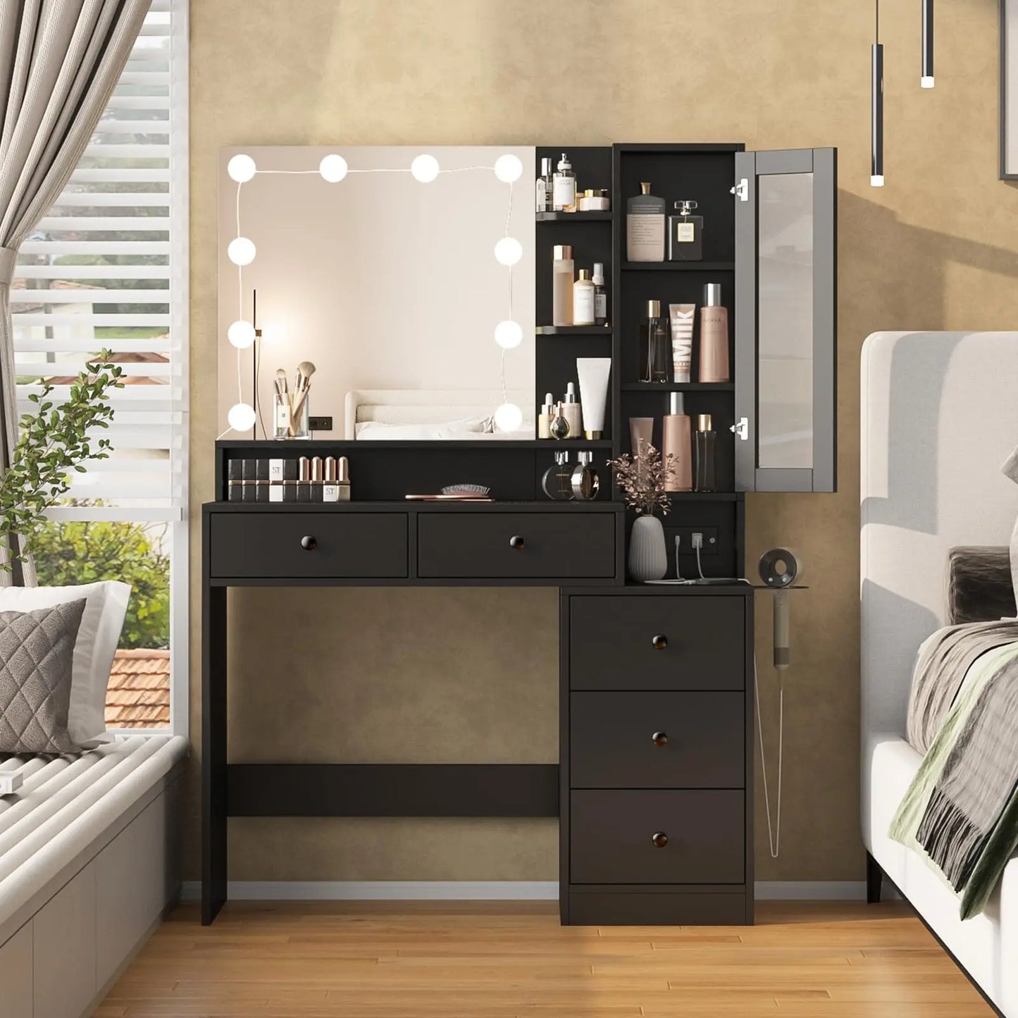 Vabches Vanity Desk with Mirror Lights Makeup Vanity Table with Power Strip&Visible Storage Cabinet Wood 5 Drawer Dressing Table