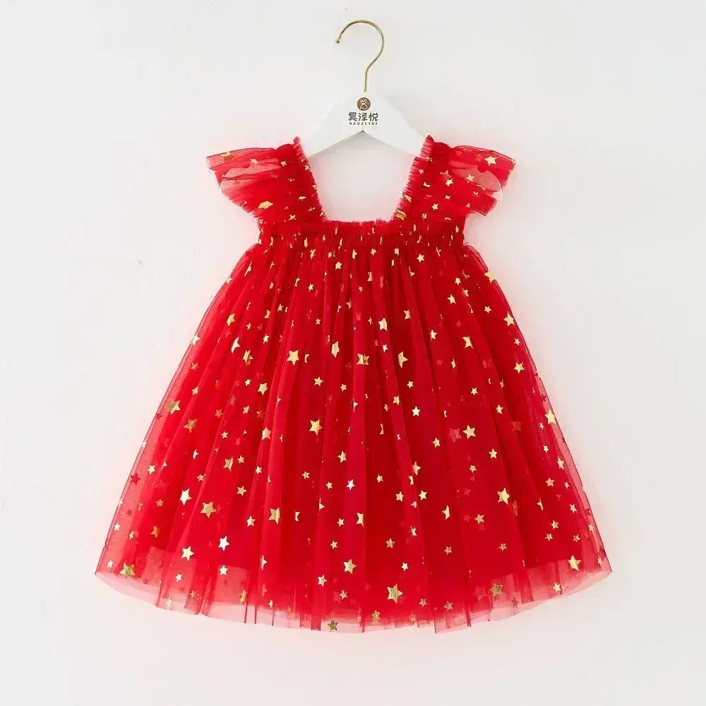 Christmas 2025 Girls Cute Fly Sleeve Star Printed Mesh Puffy Dress Halloween Children Party Photograph Princess Dress 1-6T