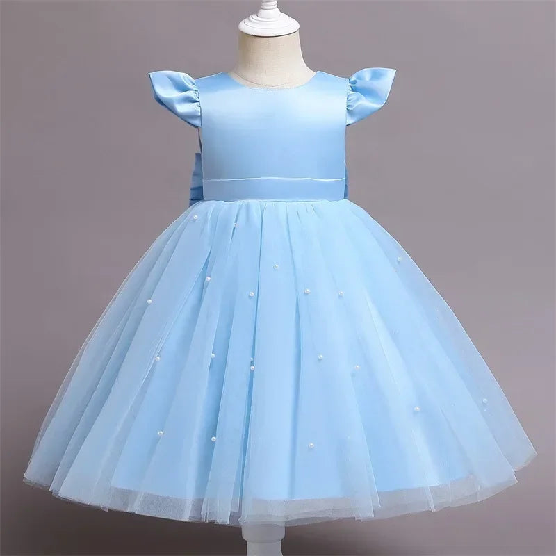 Toddler Girl Flower Birthday Tulle Dress Backless Bow Wedding Dress Kids Christmas Party Princess Dress Baby Girl Clothes