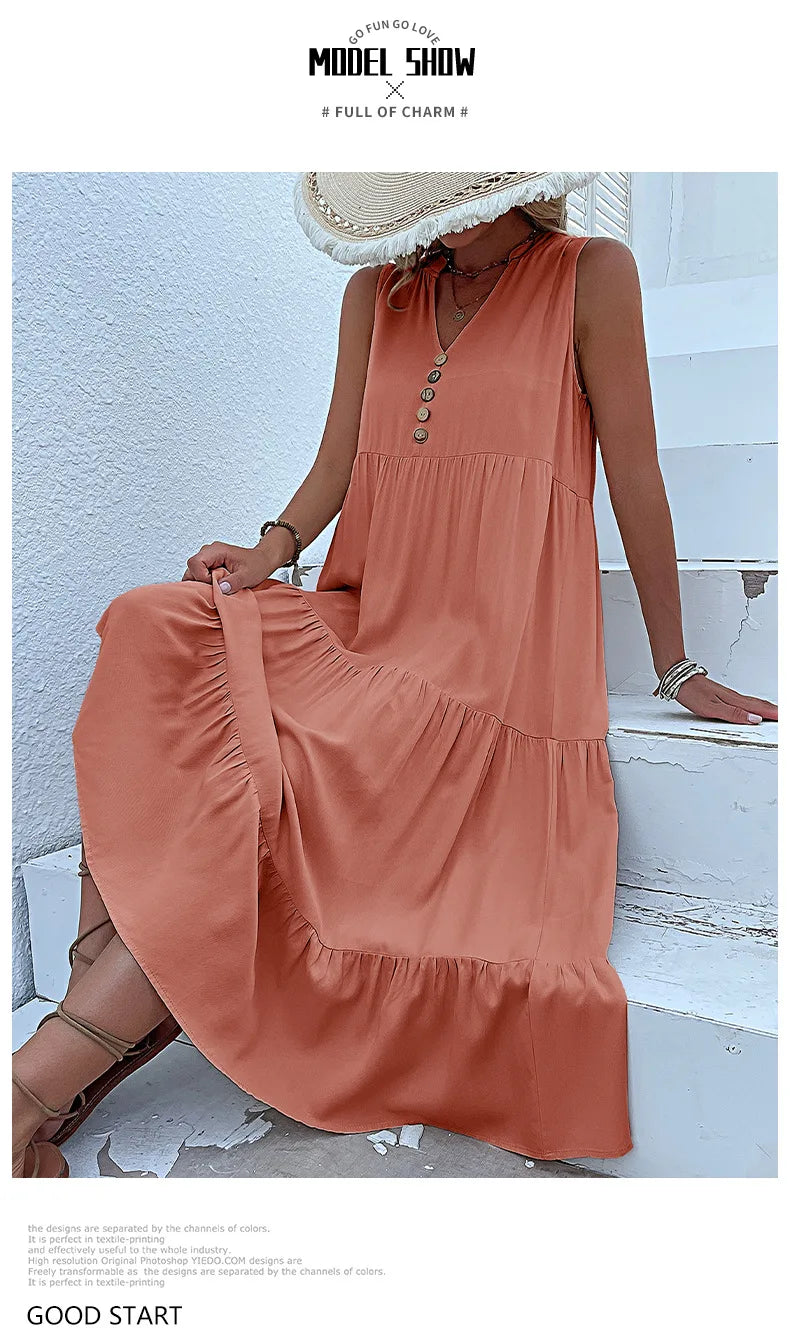 Dresses for Women 2025 Summer V-neck Single-breasted Vest Dress Sleeveless Loose Casual Solid Color Dress Vestidos De Mujer