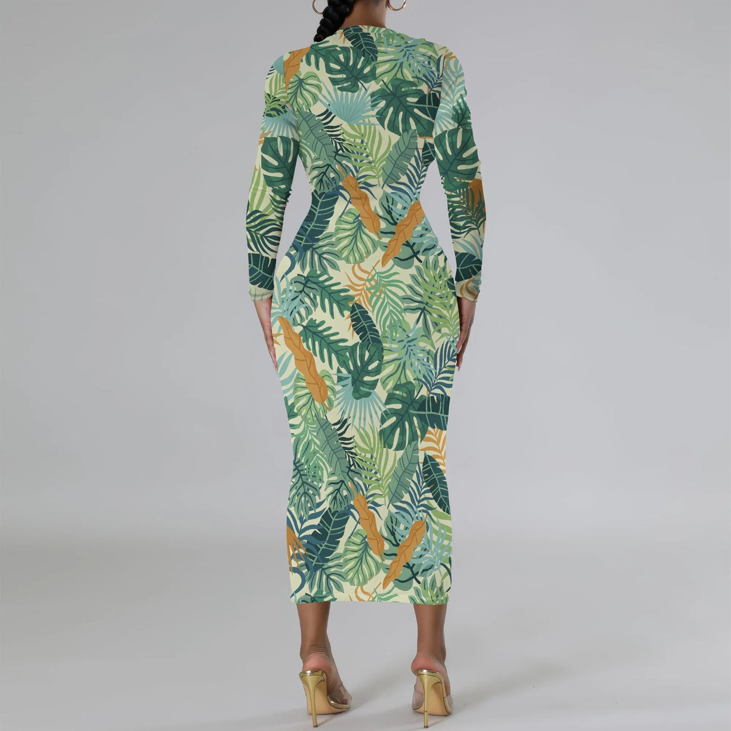 Date Night Dresses for Women Floral Print Crewneck Long Sleeve Stretchy Fitted Bodycon Maxi Dress