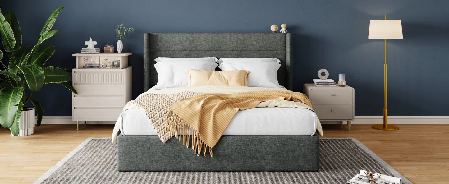 HOOMIC Lift Up Storage Bed with Wingback Headboard/Heavy-Duty Hydraulic Bed/Large Underneath Storage Allewie