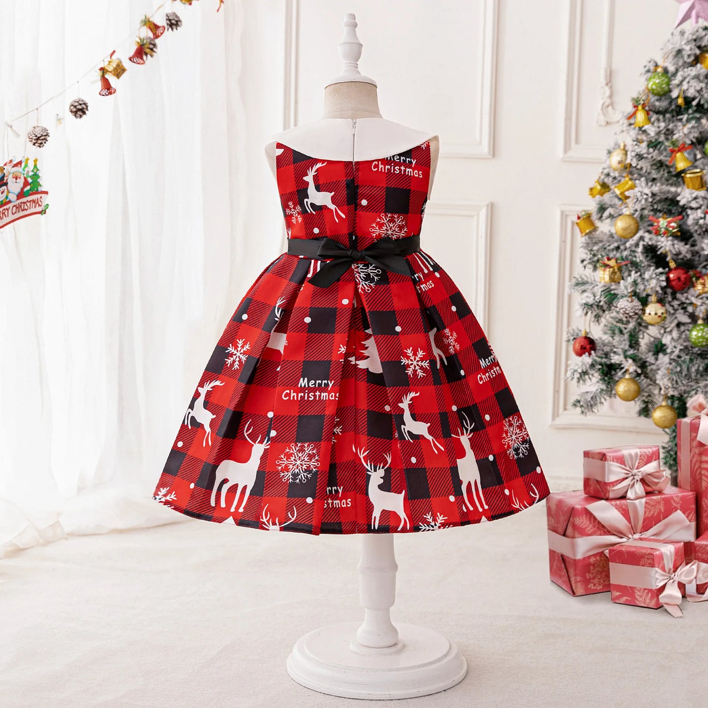 Christmas Dresses Girl Cartoon Print Princess Dress Children Red and Green Sequined Mesh Puff BalL Gown Carnival Clothes