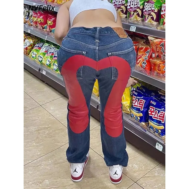 Jeans Women Gothic Y2K Retro Streetwear Black Cargo Punk Vintage Kpop Print Wide Leg Denim Panrts Female Autumn Trousers Pants