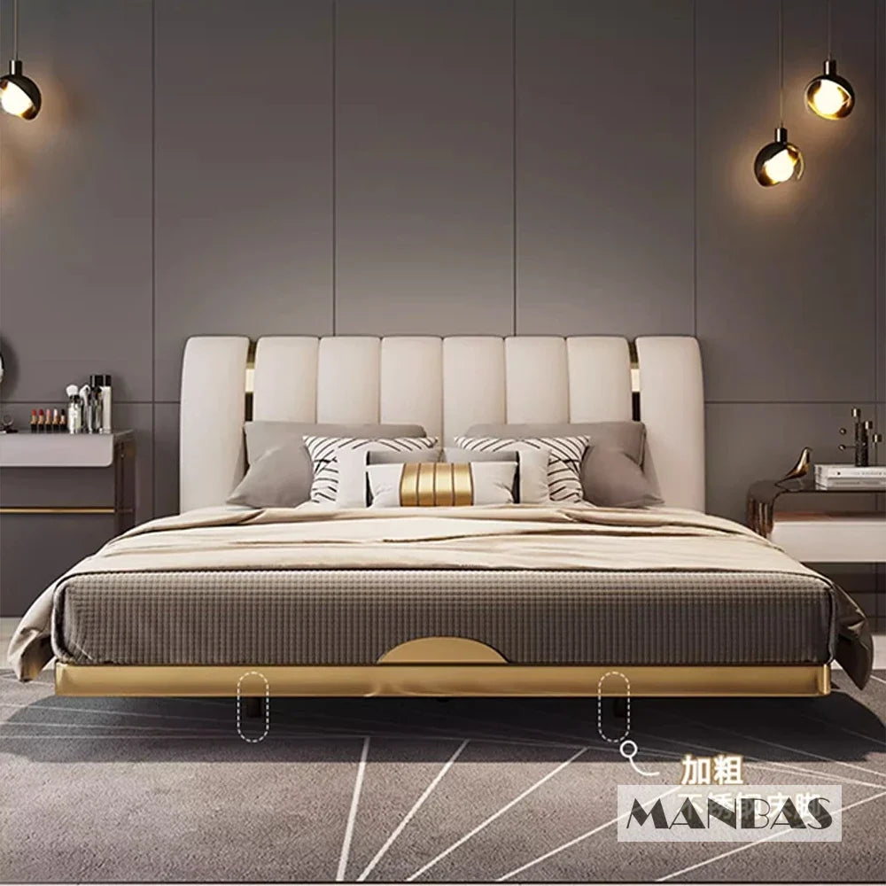 Linlamlim Modern Genuine Leather Suspended Bed With Sensor Light, Double Rectangle Bed Frame With Stainless Steel, Nordic Camas