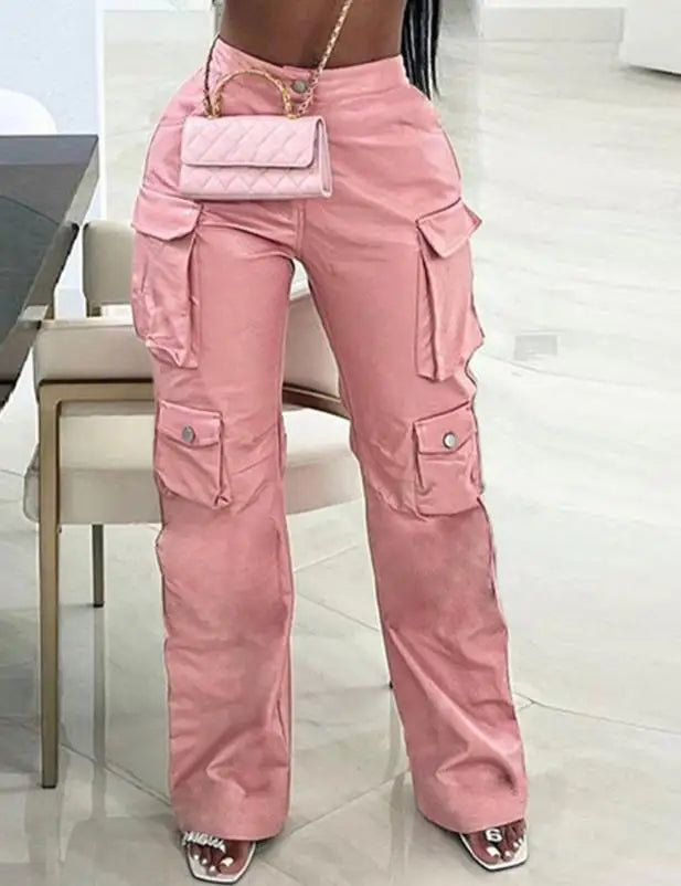 Pink Cargo Pants for Women 2025 Spring Straight Leg Solid Multi-Pocket Design High Waist Pu Leather Loose Baggy Pants Streetwear