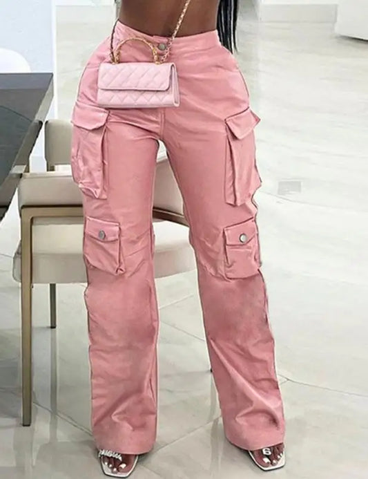 Pink Cargo Pants for Women 2025 Spring Straight Leg Solid Multi-Pocket Design High Waist Pu Leather Loose Baggy Pants Streetwear