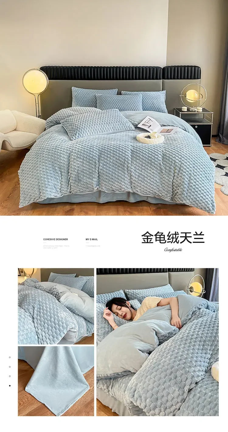 Four Piece Light Pink Honeycomb Plush Bed Duvet Cover Set Winter Milk Velvet Beds Sheet Skirt 3-Piece Home Furnishing Decoration