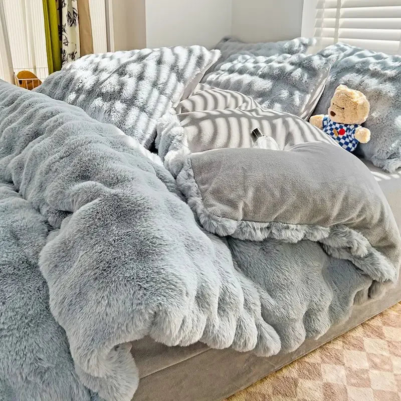 4pcs High End Rabbit Plush Bed Four Piece Set Winter Thick Warm Bubble Velvet Cover Set Lace Bed Sheet Skirt Pillowcases Bedding