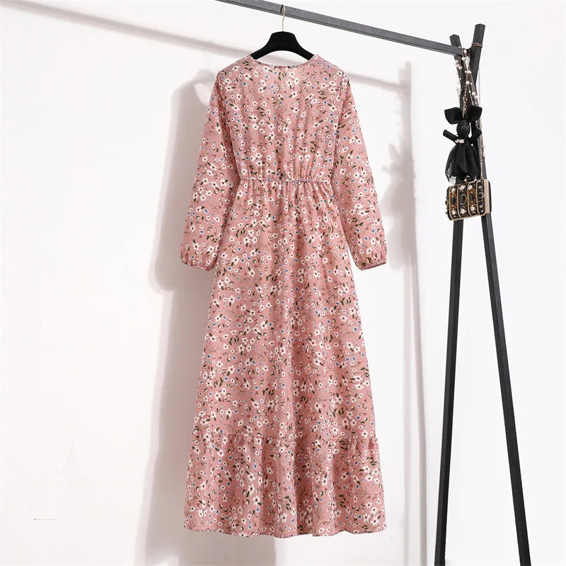 Women Eid Muslim Dresses Dubai Kaftan Tight Waist O Neck Morocco Arab Ruffles Spliced Vestidos Flowers Dress Casual Slim Fit