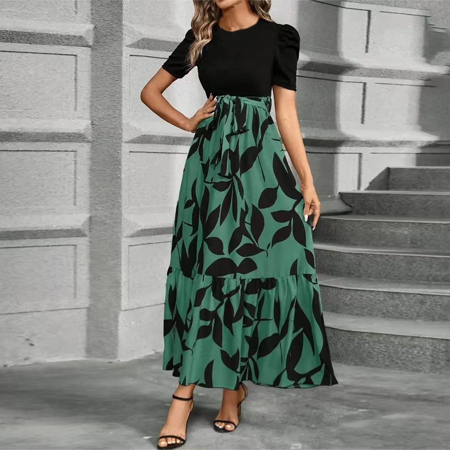 Dresses Elegant Office Lady Outfits A-line Lace-up Slim Fit Waist Ruffle Hem Skirt Women Dress Summer vestidos de mujer casuales