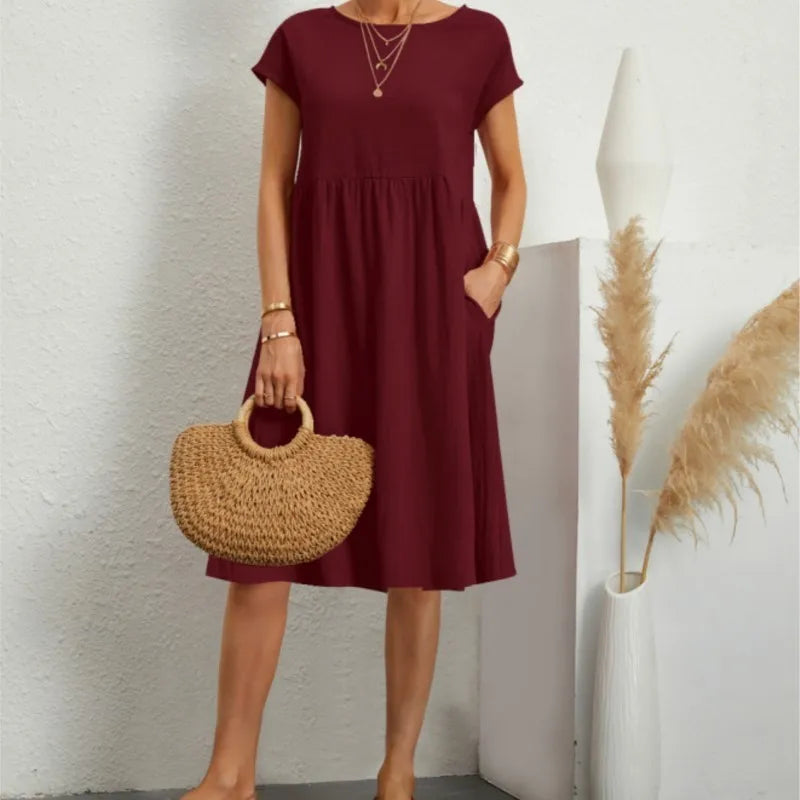Women's Dresses 2025 Summer Fashion Casual Dresses Women Loose Mid Length Over Knee Dress New Short Sleeve Solid Dress Woman