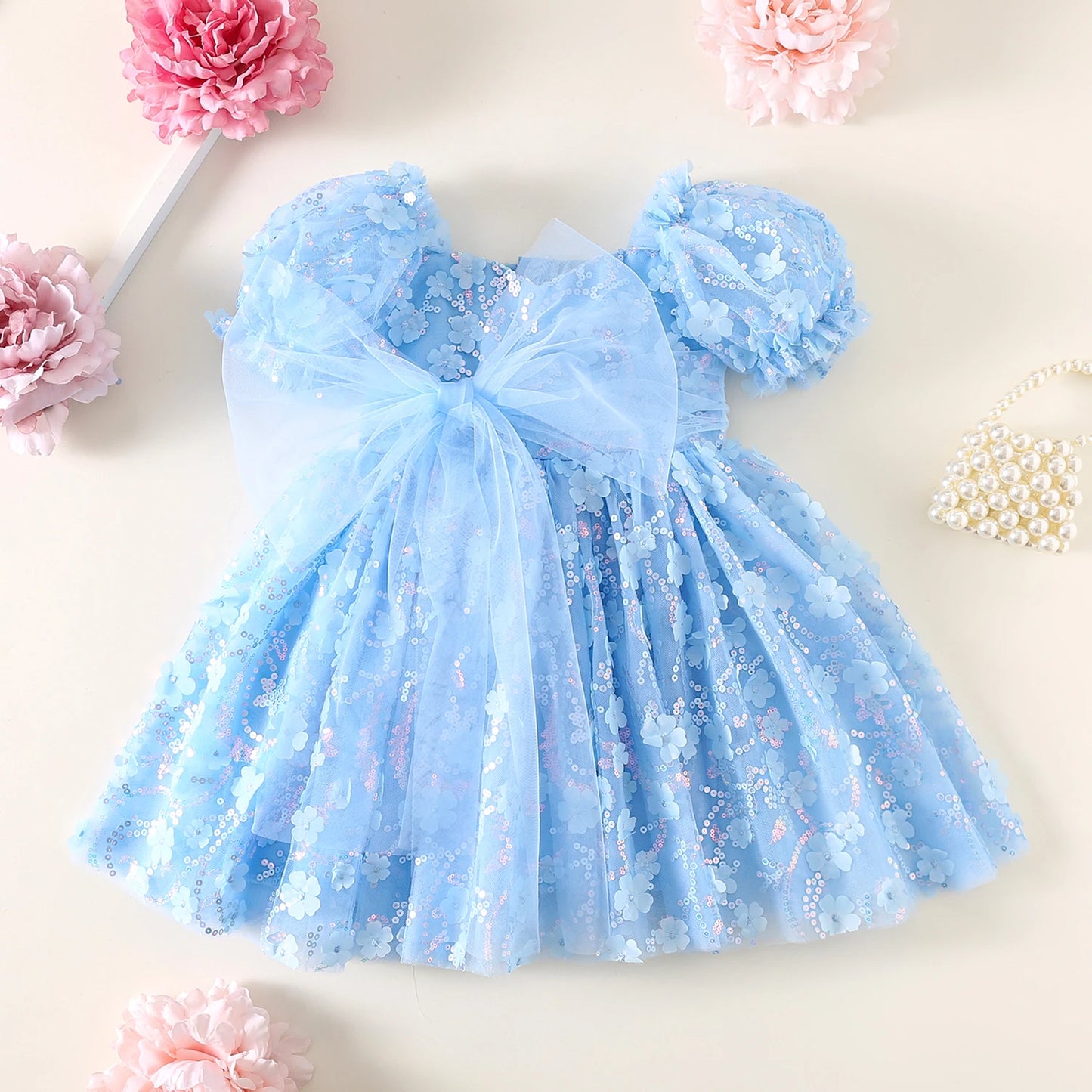 New Summer Teenager Girl's Dress Short Puff Sleeves Square Collar Appliques Large Bow Sequin Mesh Princess Lovely Clothing H7004