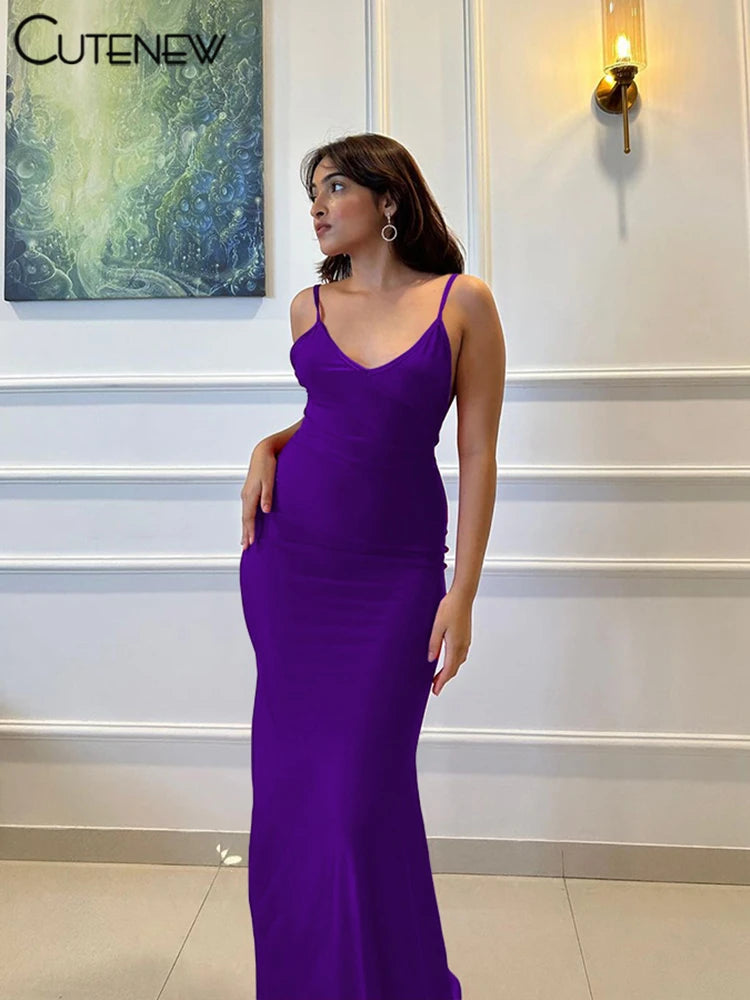 Cutenew Red Shiny Spaghetti Strap Maxi Dress Women Solid Sexy Backless Ruched Cleavage Body-shaping Robe Lady Hipster Streetwear