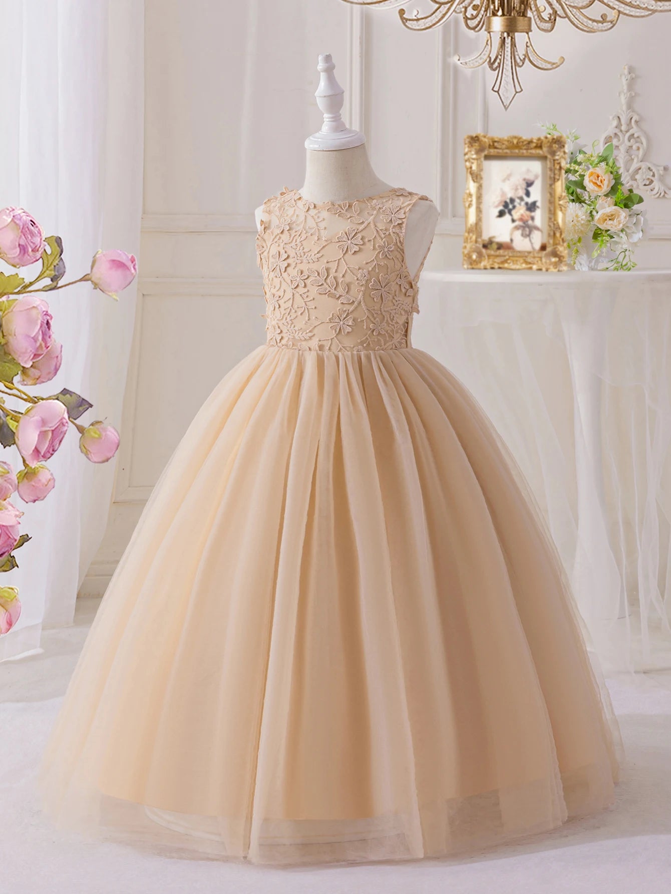 Children's Girs' Dresses for Eid Tulle Satin White Floral Girl's Dress Design for Wedding Party Princess Costume