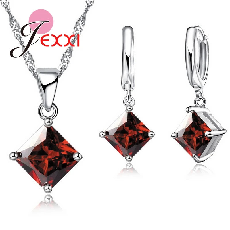 Women Accessories Pendant Necklace Earrings  Jewelry Set Girl Square Shinny CZ Crystal  Pendant 925 Sterling Silver