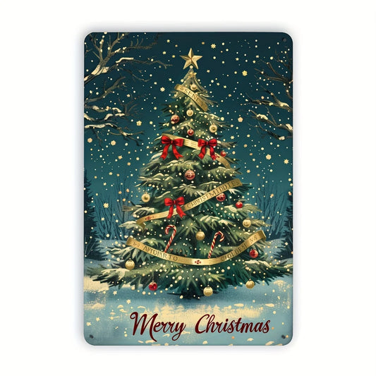 Christmas Tree Metal Tin Sign, Vintage Wall Decor for Indoor & Outdoor, Foil Art Engraving, Festive Holiday Hanging Iron Poster,