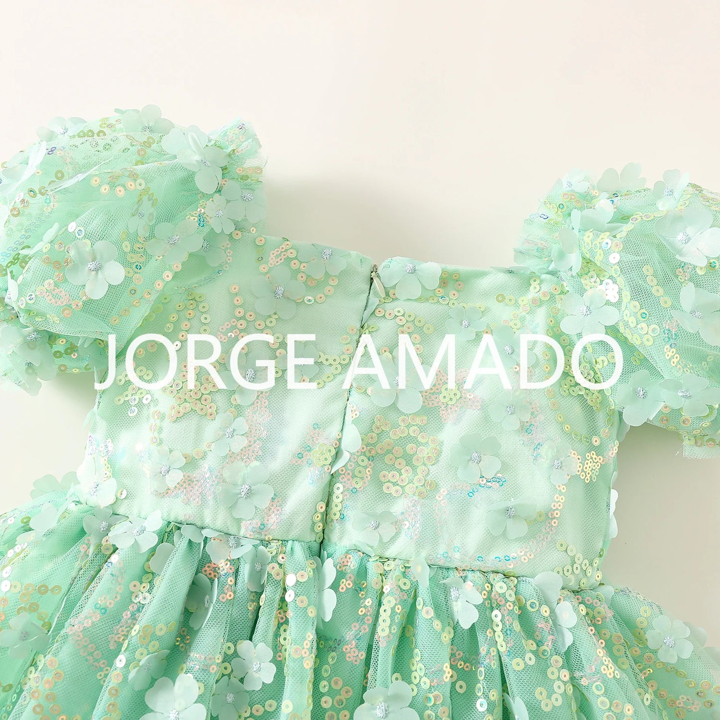 New Summer Teenager Girl's Dress Short Puff Sleeves Square Collar Appliques Large Bow Sequin Mesh Princess Lovely Clothing H7004