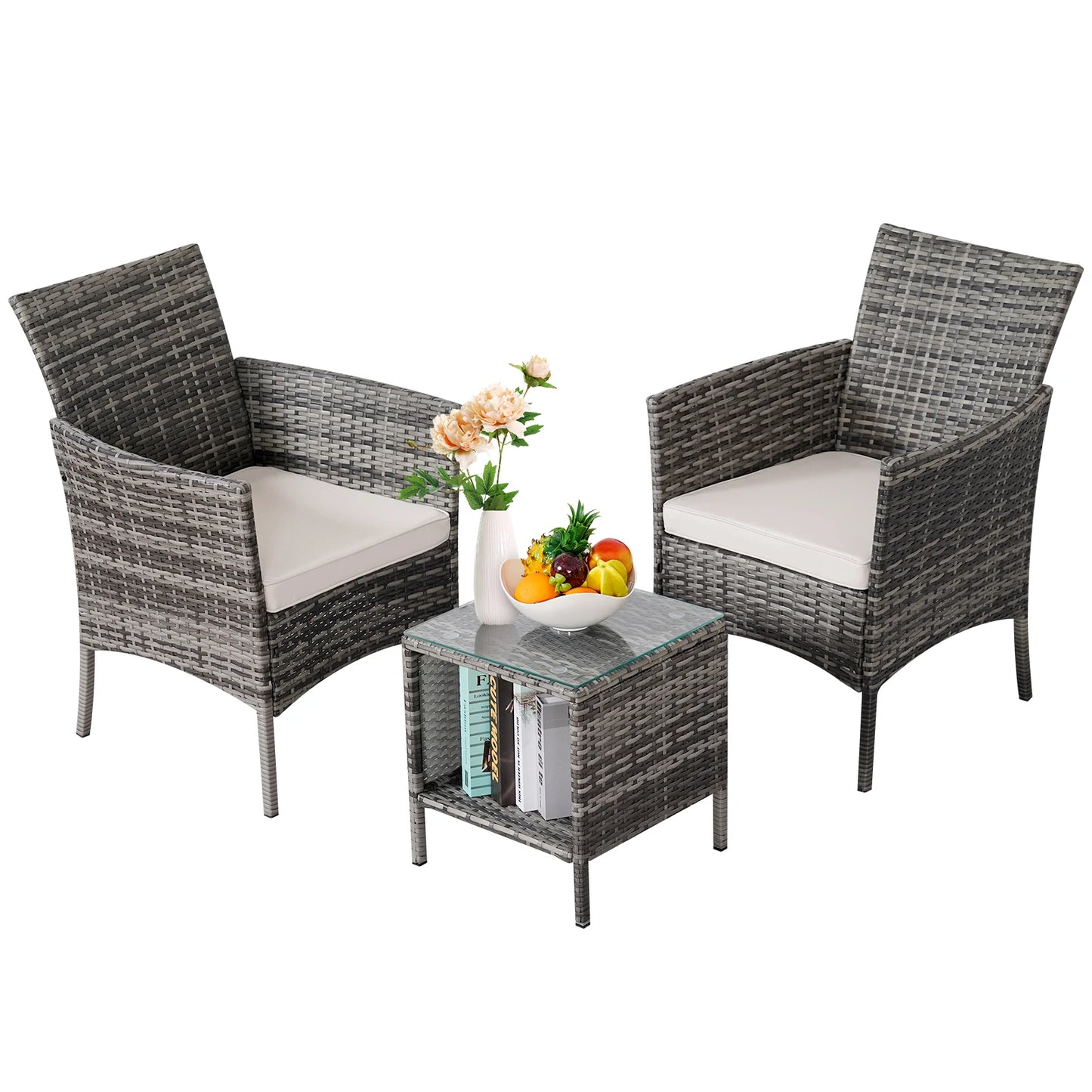 NAGA BAHNA 3-Piece Bistro Set Outdoor Patio Furniture Rattan Chairs Table Soft Cmats Tempered Glass Durable Comfortable Garden