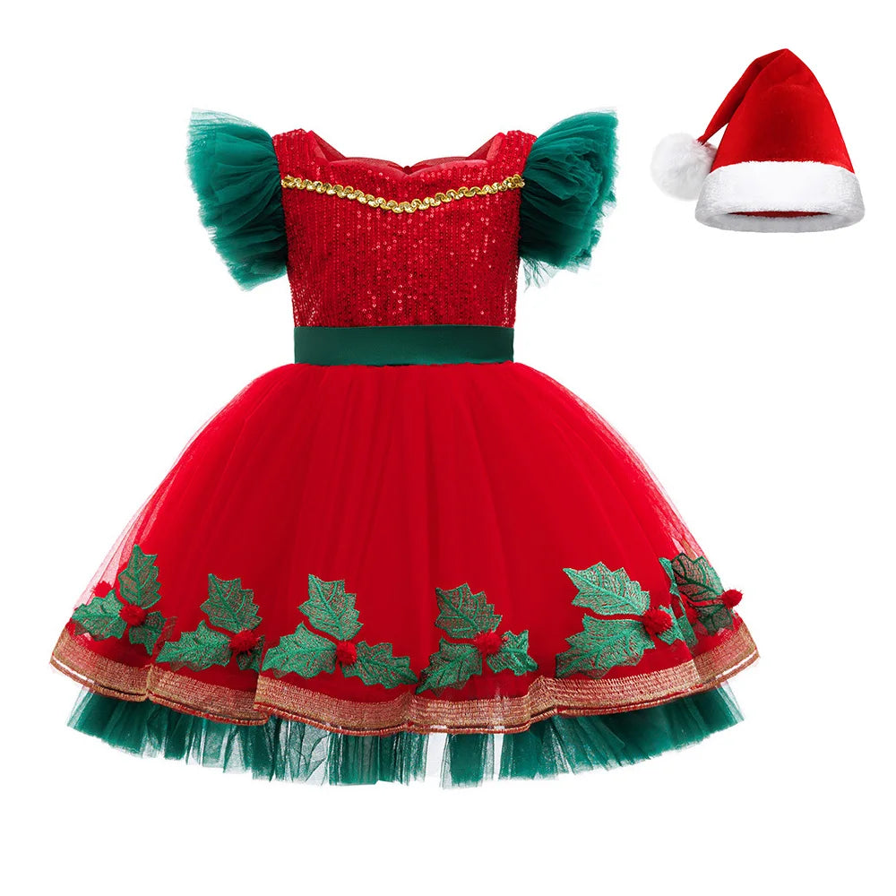 Christmas Dresses for Girl Princess Dress and Santa Claus hat KIds Carnival Festival Clothing Children Sequined Mesh prom Gown