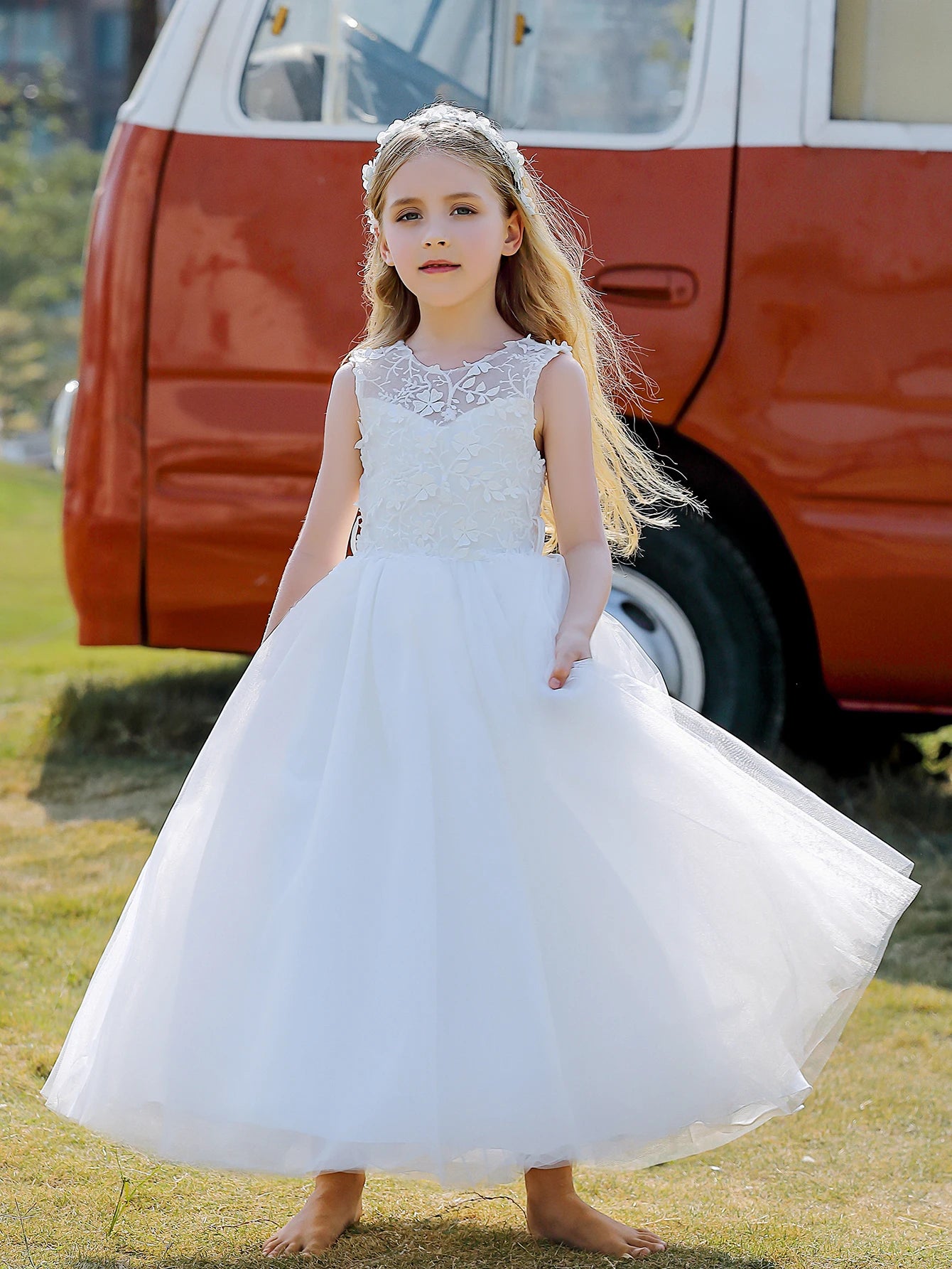 Children's Girs' Dresses for Eid Tulle Satin White Floral Girl's Dress Design for Wedding Party Princess Costume