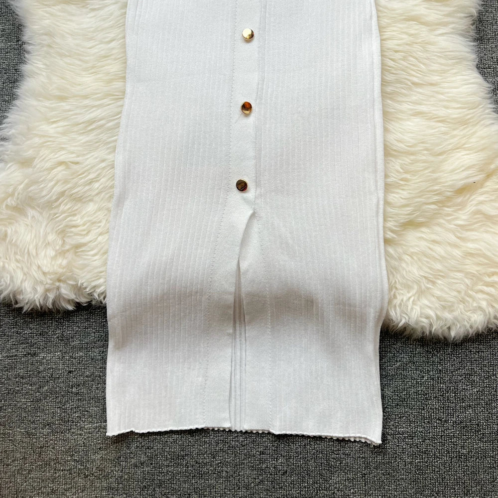 YuooMuoo Chic Fashion Sexy Package Hips Knitted Long Dress Women Brand Fashion Turn-down Collar Embroidery Bodycon Shirt Dress