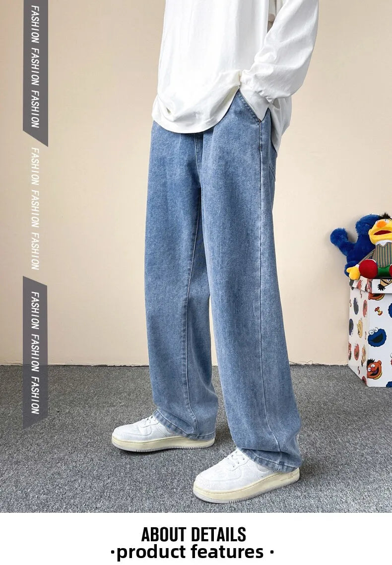 Jeans men's four-season new mopping straight loose wide legs trendy casual handsome comfortable trousers