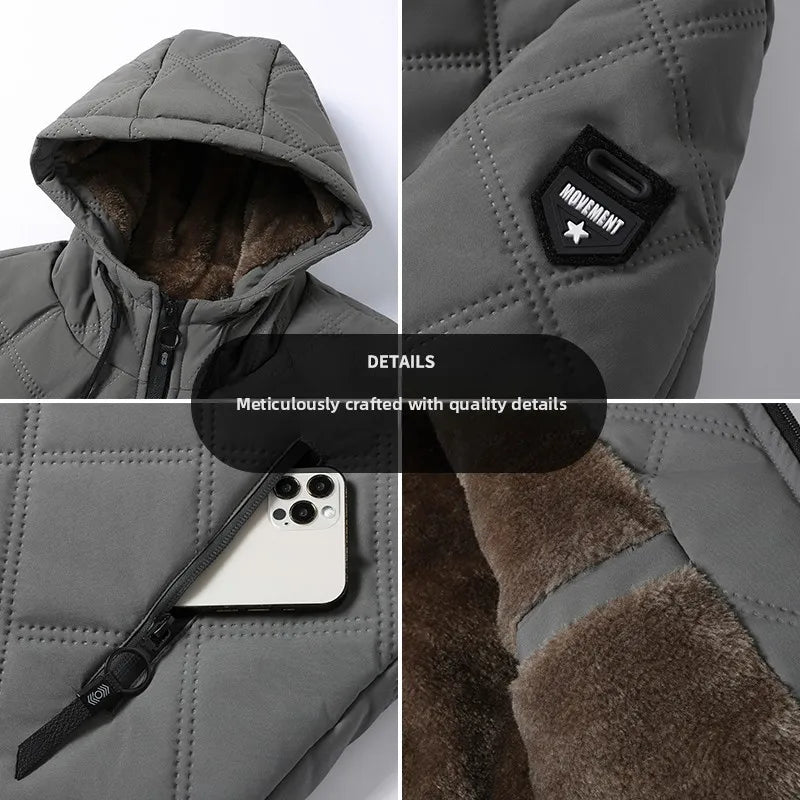 Men's hooded warm short jacket winter zipper pocket jacket outdoor sports and leisure work clothes windproof cotton jacket