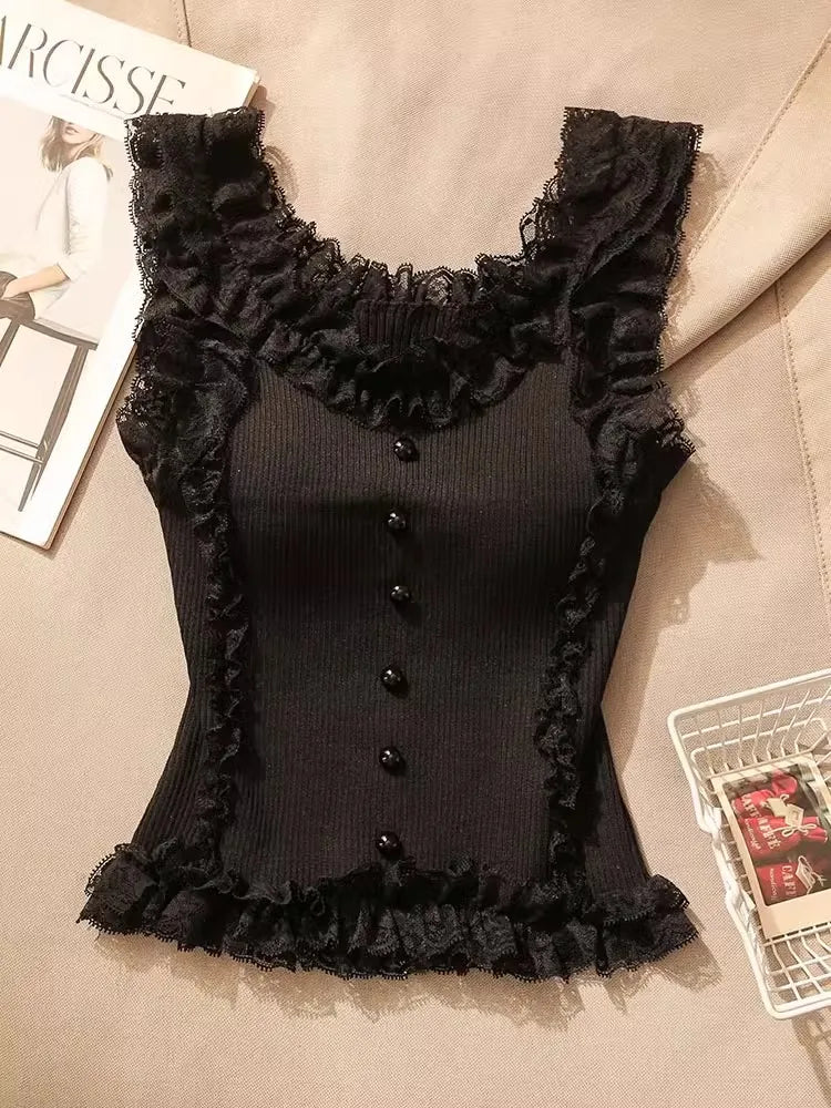 Korean Lace Patchwork Crop Top Women U-Neck Knitted Stretch Tank Top 2025 Summer Female White Lace Stretch Cami