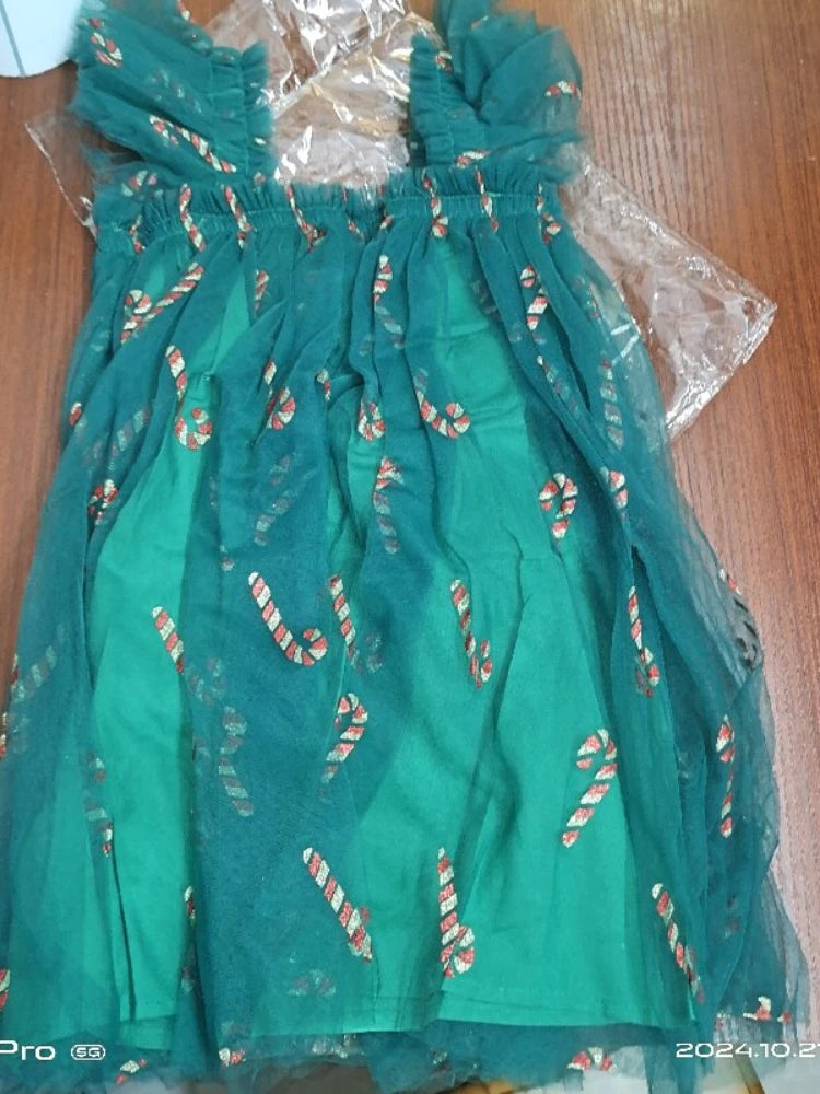 Christmas 2025 Girls Cute Fly Sleeve Star Printed Mesh Puffy Dress Halloween Children Party Photograph Princess Dress 1-6T
