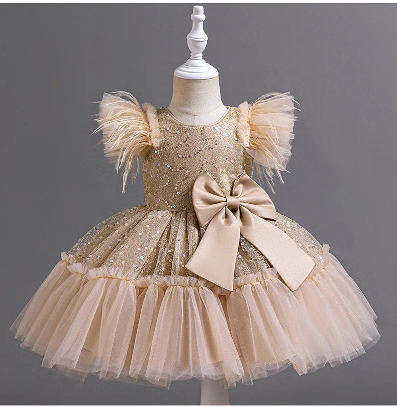 Summer New Girl's Sequin Flying Sleeves Big Bow Mesh Spliced Dress Birthday Party Wedding Flower Girl Princess Dress