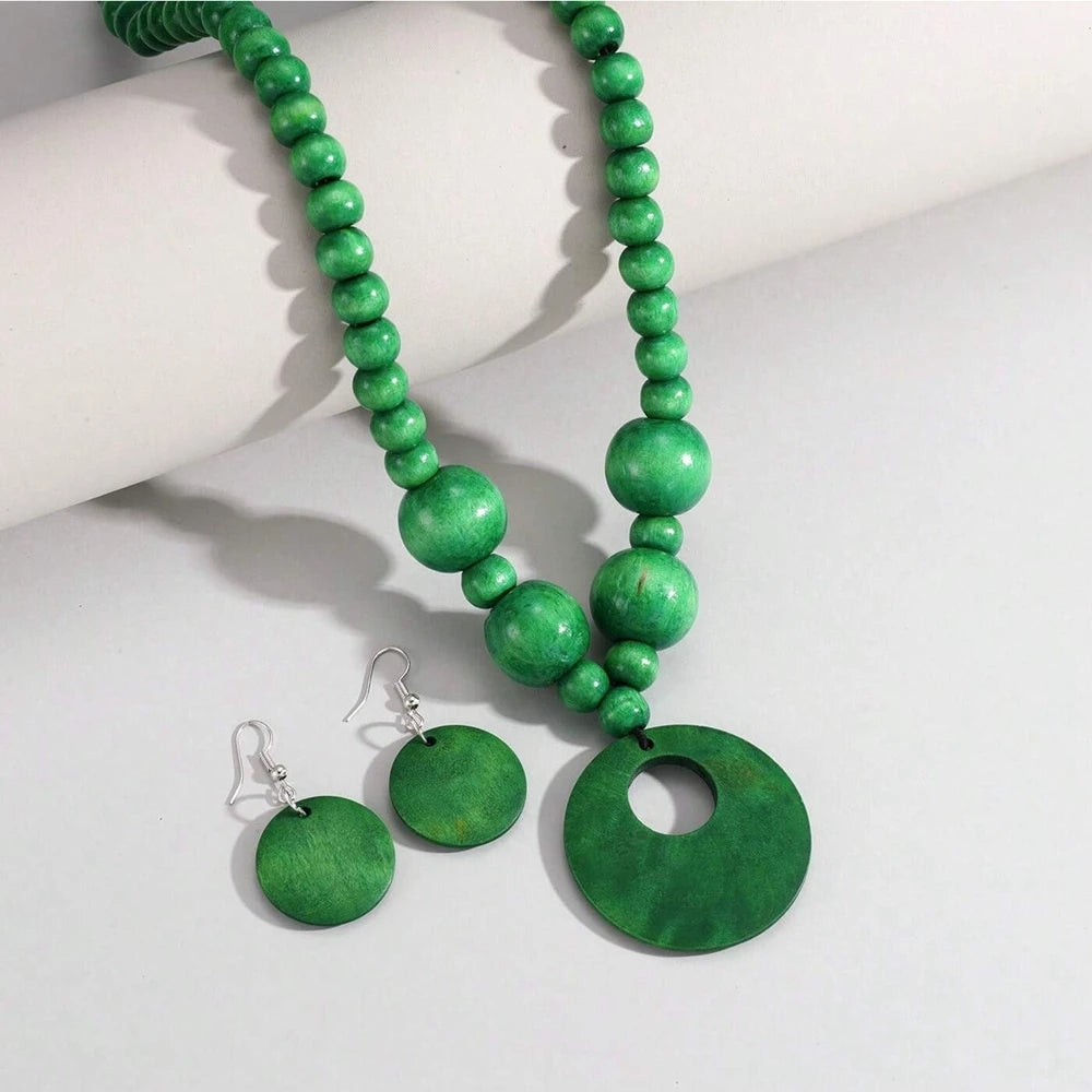 New Fashion Jewelry Set Bohemian Geometric Round  Wooden Bead Pendant Necklace And Earrings For Women Vacation Accessories