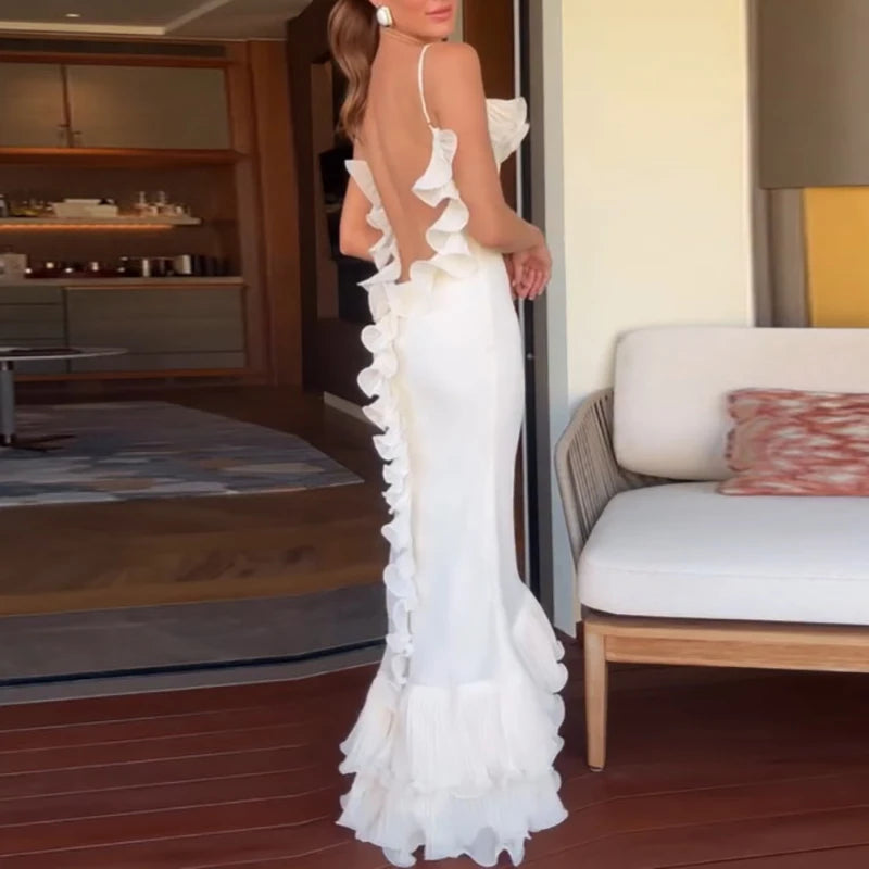 Temperament High Waist Sleeveless Banquet Dress Sexy Suspender Hollow Out Evening Dress Elegant Pure Color Ruffle Wrap Hip Dress