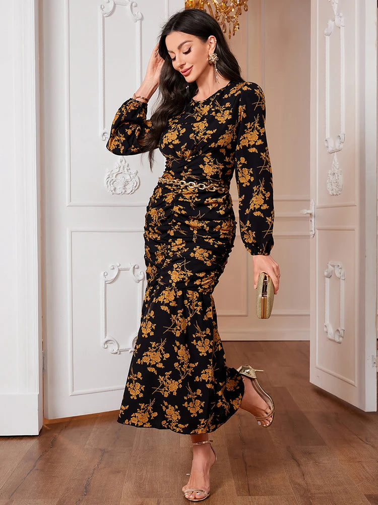 Women Dress Fashion Black Elegant Ladies Floral Dress New Autumn Long Sleeve O-Neck Fold Long Dresses For Women New Arrival 2024