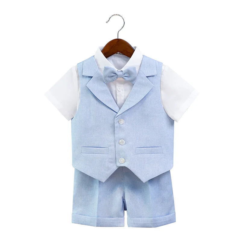 Children's Summer Blue Vest Dress Suit Boy Birthday Party Performance Photography Costume Kids Waistcoat Shorts Bowtie Outfit
