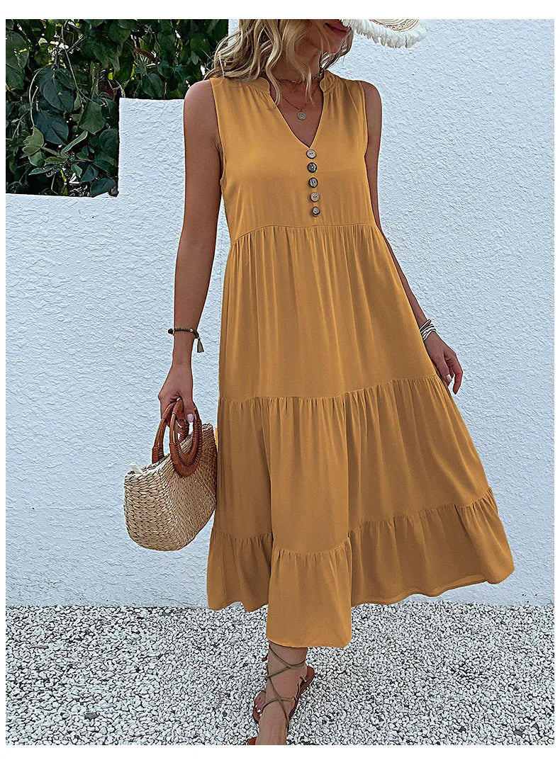 Dresses for Women 2025 Summer V-neck Single-breasted Vest Dress Sleeveless Loose Casual Solid Color Dress Vestidos De Mujer