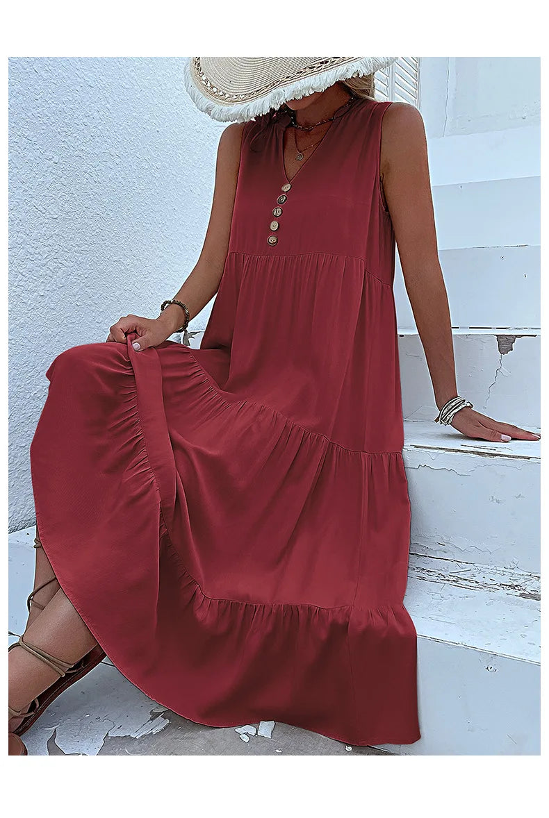 Dresses for Women 2025 Summer V-neck Single-breasted Vest Dress Sleeveless Loose Casual Solid Color Dress Vestidos De Mujer