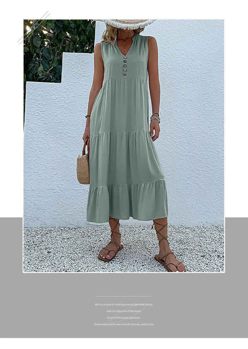 Dresses for Women 2025 Summer V-neck Single-breasted Vest Dress Sleeveless Loose Casual Solid Color Dress Vestidos De Mujer