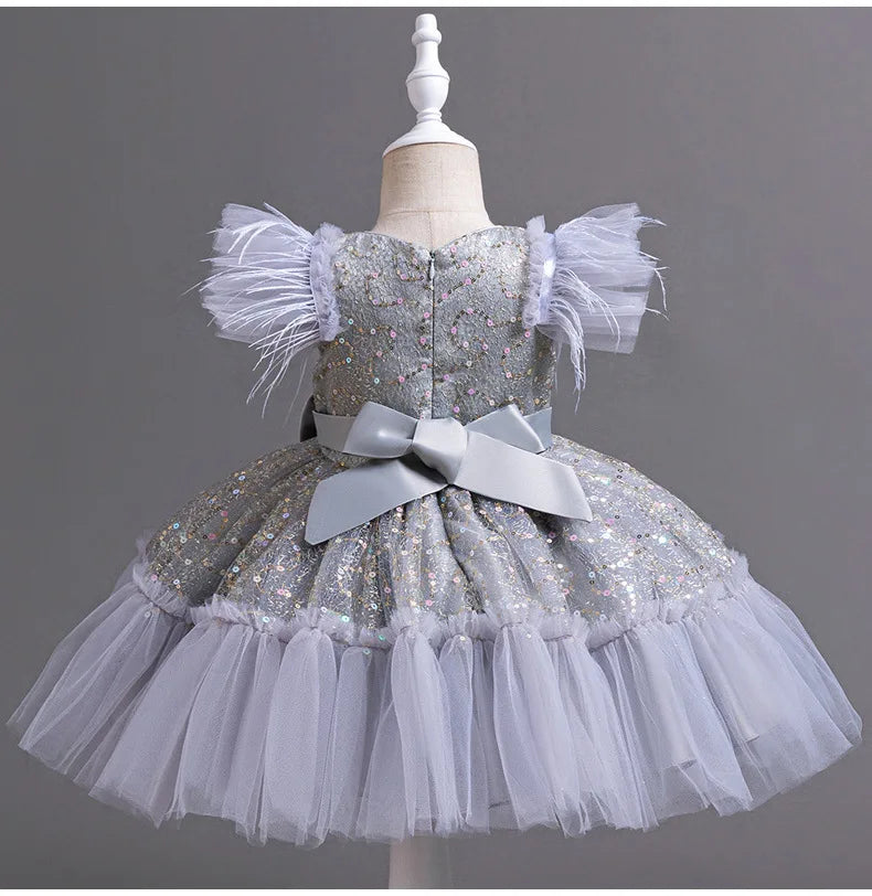 Summer New Girl's Sequin Flying Sleeves Big Bow Mesh Spliced Dress Birthday Party Wedding Flower Girl Princess Dress