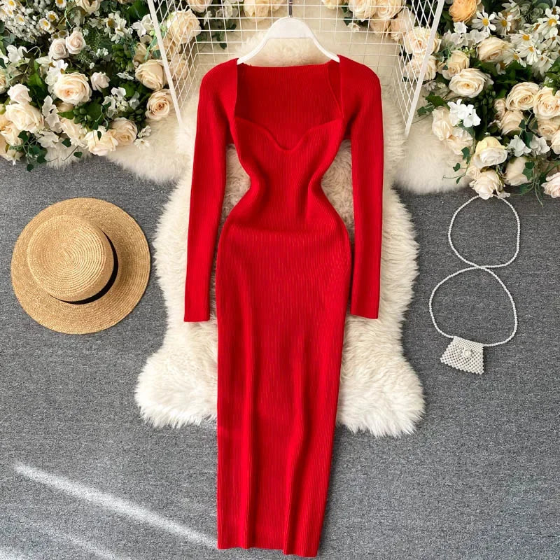 Dresses For Women 2026 Sexy Strapless Ribbed Knitted Bodycon Dress Women Winter Long Sleeve Midi Sweater Dress Clothes