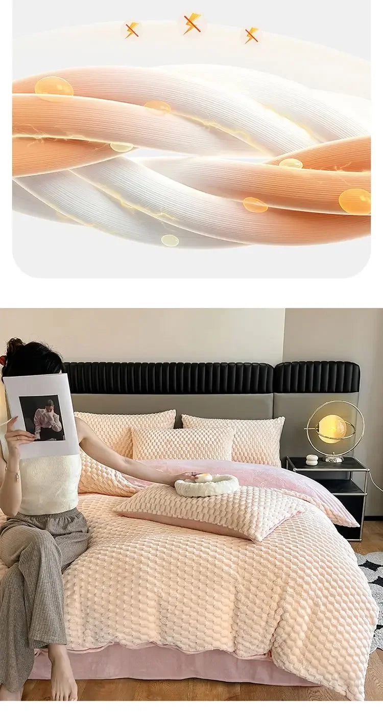 Four Piece Light Pink Honeycomb Plush Bed Duvet Cover Set Winter Milk Velvet Beds Sheet Skirt 3-Piece Home Furnishing Decoration