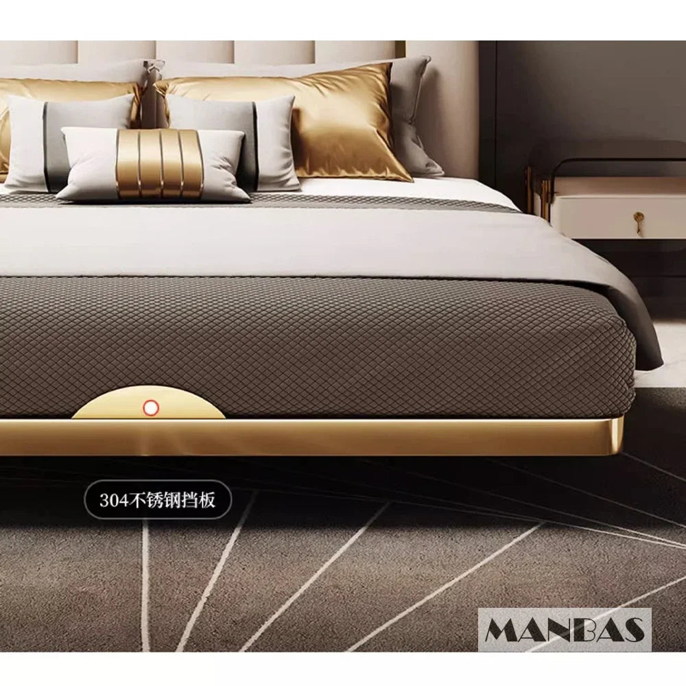 Linlamlim Modern Genuine Leather Suspended Bed With Sensor Light, Double Rectangle Bed Frame With Stainless Steel, Nordic Camas