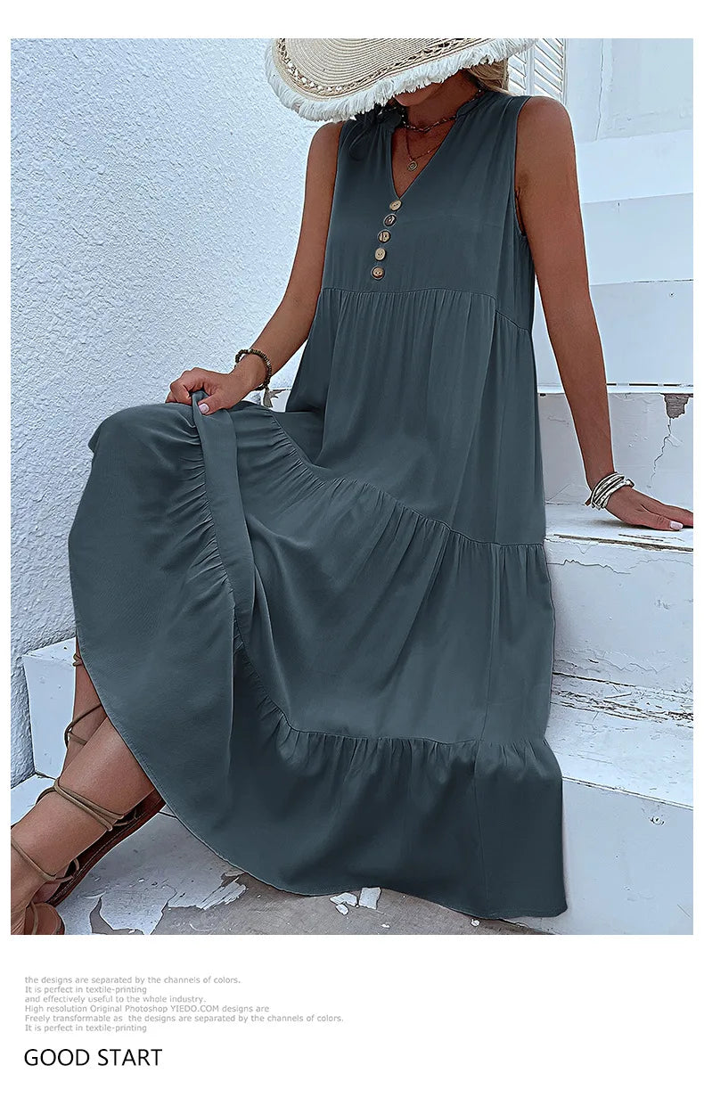 Dresses for Women 2025 Summer V-neck Single-breasted Vest Dress Sleeveless Loose Casual Solid Color Dress Vestidos De Mujer